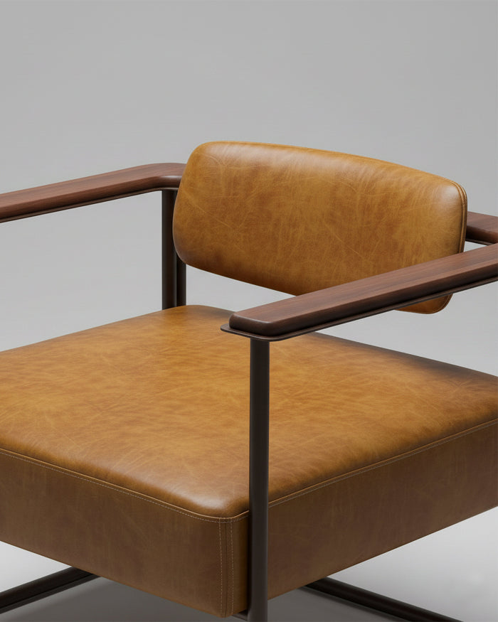 Poltrona Línea de Geometrico: estructura metálica en tubería, asiento tapizado y apoyabrazos en madera.